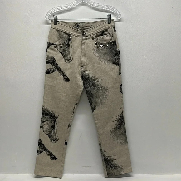 Taller Marmo Pants Pant Straight Studded Black Horse Stallion Cream Size 42 US 6 - Picture 1 of 10